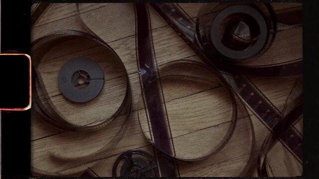 Vintage 8mm film strip and reels on a wooden table