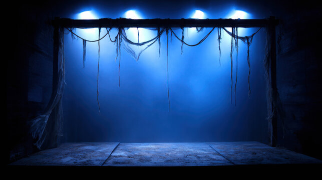 An empty stage with blue lighting and hanging vines, creating a mysterious and atmospheric ambiance. The scene is illuminated by multiple spotlights