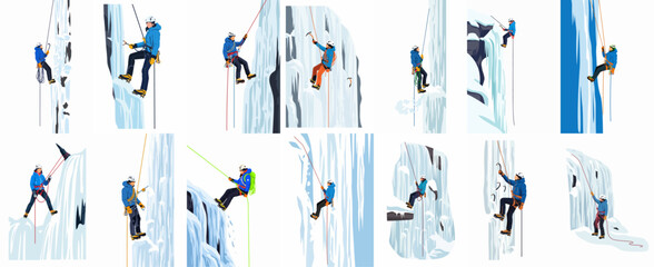 Set of Vector Illustrations of Ice Climbers Scaling Frozen Waterfalls and Ice Walls with Professional Equipment and Gear © Telu