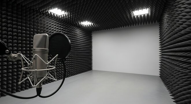 Professional recording studio booth with microphone and pop filter ready for vocal recording and sound production