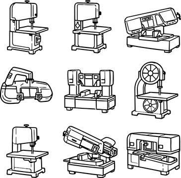 Set of eight different band saws and circular saws illustrations in black and white line