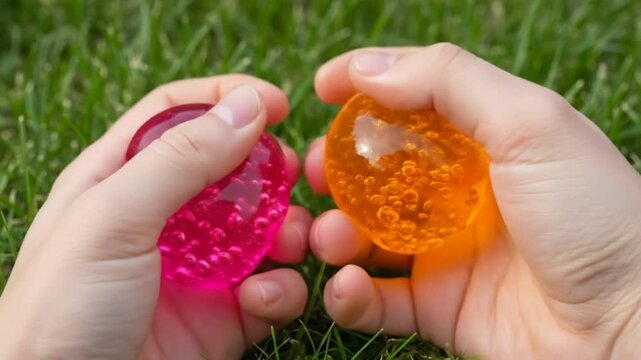 Hands Squeezing  Squishy Balls on Green Grass | ASMR Antistress Sensory Toy Video