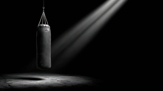 A lone punching bag hanging from the ceiling, illuminated by a spotlight, casting dramatic shadows