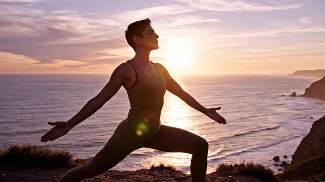 A woman practices yoga on a cliffside overlooking the ocean at sunset