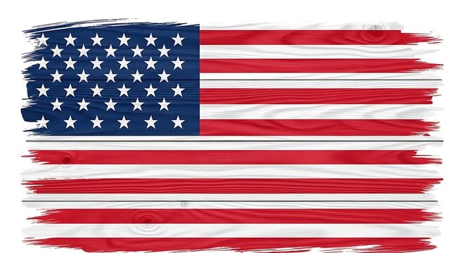 A weathered american flag design painted over a rustic wooden plank texture with brush edges