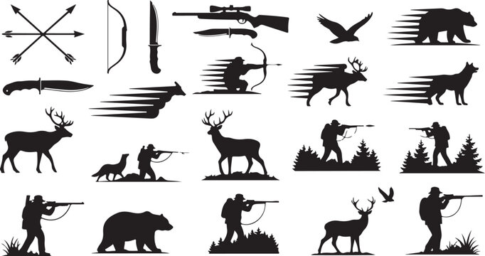 Hunting Silhouettes with Animals and Hunting Gear Icons