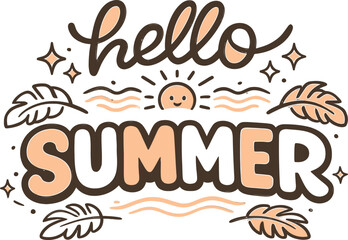 Obraz premium Hello Summer retro lettering vector, clean beach typography design with smiling sun, tropical leaves, ocean waves, sparkles, peach accents for t-shirt, sticker, sublimation, poster, clipart, printable