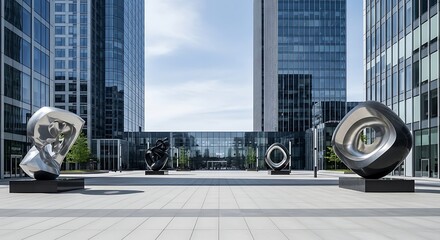 Modern abstract sculptures displayed in a contemporary urban plaza surrounded by sleek glass office buildings on a sunny day