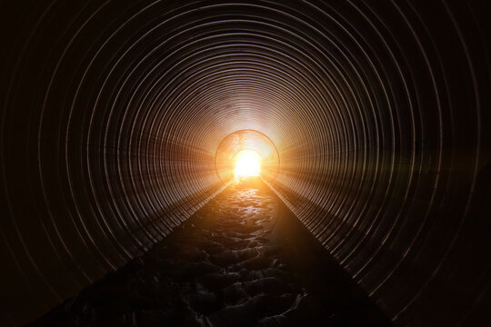 Inside new modern sewer system. Sewage and drainage in plastic round pipe