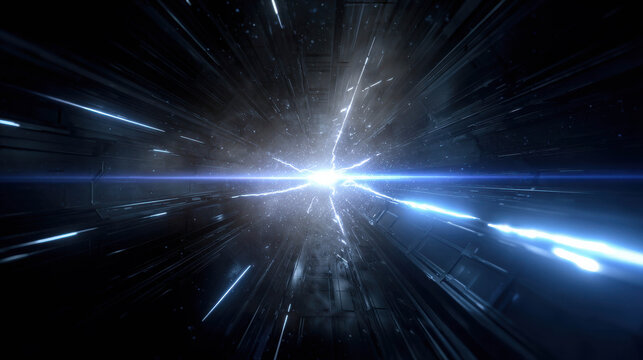 A stunning representation of a journey through hyperspace, a luminous focal point radiates with light as the viewer is propelled forward