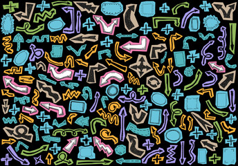 Obraz premium Big set of grunge, doodle, graffiti, hand drawn paper cutted arrows, plus signs and border frames isolated on black background. Sketch style ink symbols collection. Vector illustration