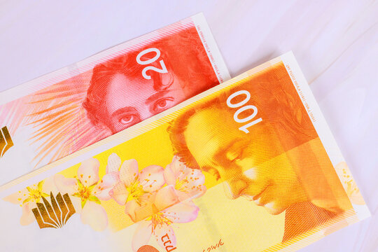 Currency new Israeli shekel banknotes with distinct designs denominations placed