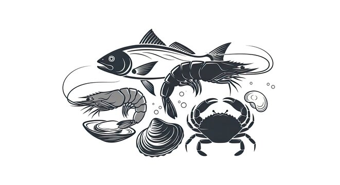Seafood assortment illustration with fish shrimp crab and shells