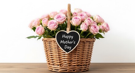 A beautiful wicker basket filled with fresh pink roses for a happy mother's day celebration gift