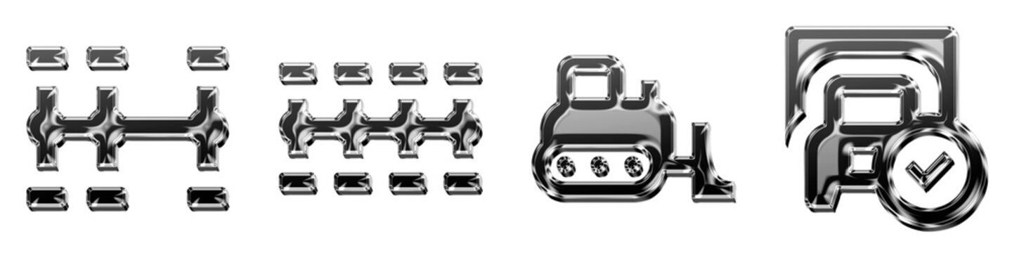 3D rendered plastic icon pack featuring 2x6 vehicle, 8x8 vehicle, bulldozer, and checked truck. Cargo & heavy duty vehicles icon collection and design. Modern icon design.