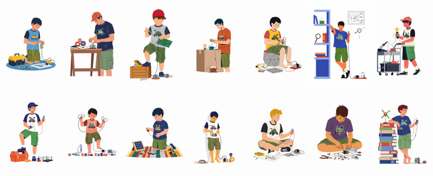 A collection of illustrations featuring boys of various ages engaged in STEM activities, electronics tinkering, and robotics projects on a white background.