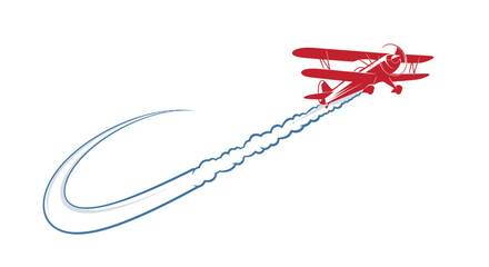 Vintage red biplane flying with blue smoke trail illustration © Mardiyo