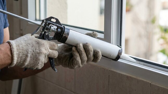 A person applies sealant to a window frame with a caulking gun.