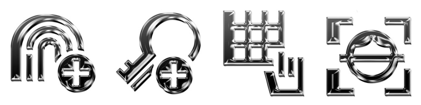 Gradient style 3D icons of add fingerprint, add key, enter pin, and facial recognition scan on transparent background. Authentication security and user identity verification.