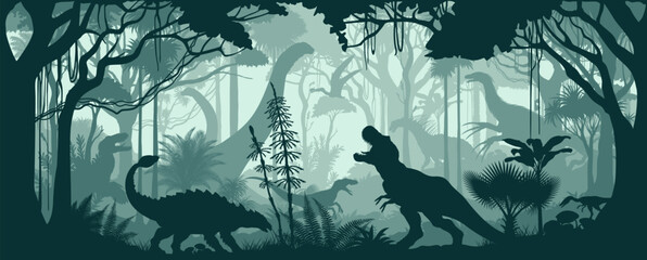 Seamless vector tropical forest with Ankylosaurus, Tyrannosaurus, Velociraptor , Utahraptor , Therizinosaurus, amargasaurus, Brachiosaurus,  patagotitan and pterodactyl © Save Jungle
