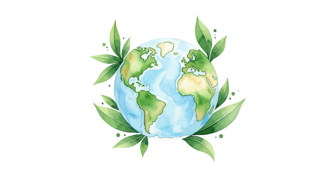 Watercolor Earth Globe Surrounded by Green Leaves, Eco-Friendly Concept
