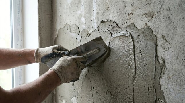 Person applying grout to a wall with a trowel indoors