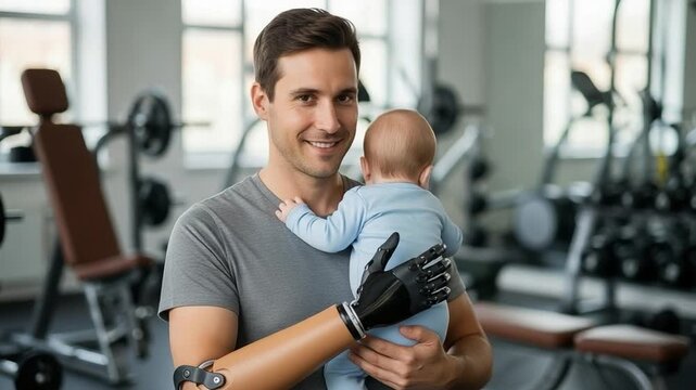 Smiling Caucasian amputee father with prosthetic arm holding baby in gym
