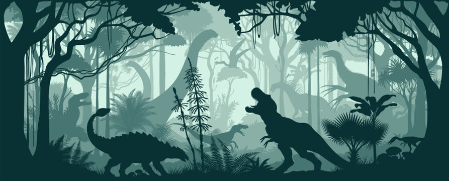 Seamless vector tropical forest with Ankylosaurus, Tyrannosaurus, Velociraptor , Utahraptor , Therizinosaurus, amargasaurus, Brachiosaurus,  patagotitan and pterodactyl