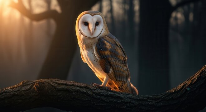 Beautiful barn owl perched on a branch in a forest during golden hour, digital painting with soft lighting and dark shadows, tranquil mood, fairytale
