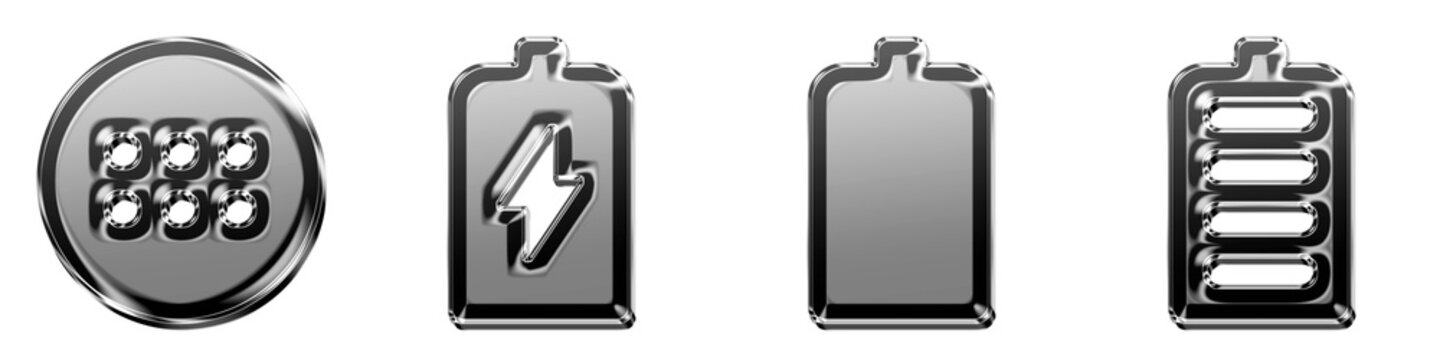 Modern 3D glass icon collection - android app drawer, charge battery, empty battery, and full battery. Mobile interface icon collection and design. Premium rendered design.