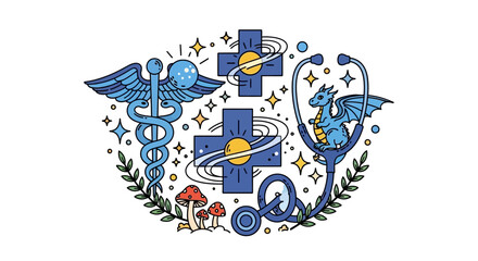 Fototapeta premium Medical illustration featuring caduceus stethoscope dragon and crosses