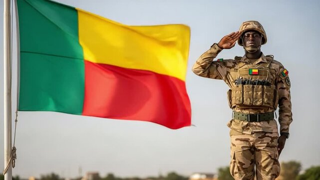 Proud West African male soldier in desert camo saluting the Benin flag outdoors