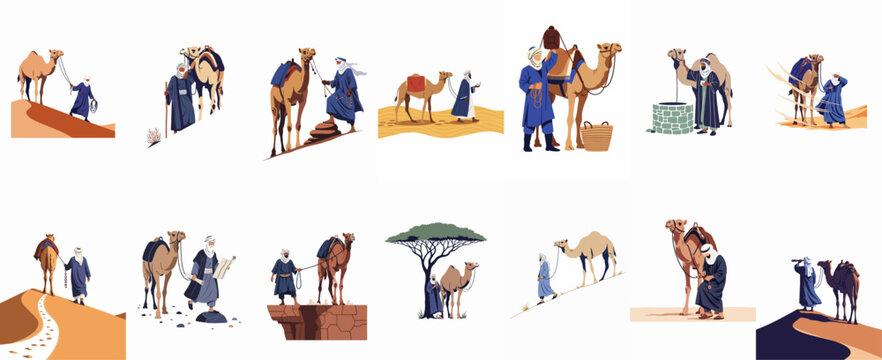 Collection of illustrations depicting desert nomads in traditional blue robes with camels traveling through arid landscapes, sand dunes, and ancient settings.