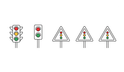 Minimal traffic signal icon set road sign triangle warning lights ahead vector illustration isolated on white © Imran