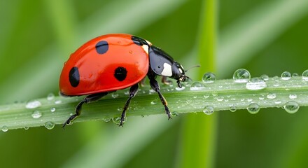 Fototapeta premium A close up of a red spotted ladybug resting on a green leaf in nature