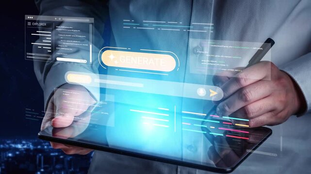 Modern digital workspace with hands holding tablet displaying data visualization, analytics graph, and interface buttons for generating insights and actions Gluon.