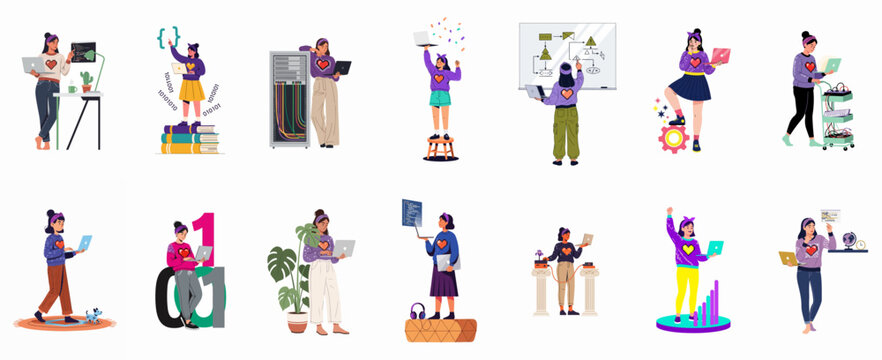Collection of illustrations featuring a female programmer in various technology and coding scenarios, from server maintenance to software development and data analysis.