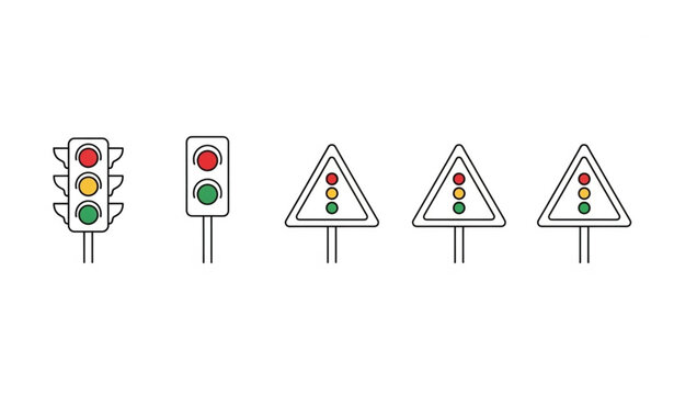 Minimal traffic signal icon set road sign triangle warning lights ahead vector illustration isolated on white