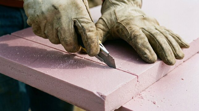 A construction worker's hands cut insulation material with a knife on a table outdoors.
