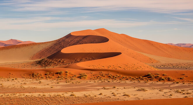 Vast desert landscape with rolling sand dunes, sparse vegetation, and a clear blue sky, showcasing arid nature and remote beauty