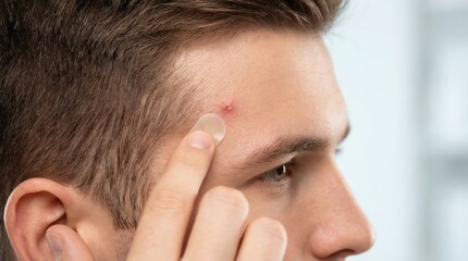 Fototapeta premium Acne Treatment Close Up of a Young Man Applying a Clear Pimple Patch on His Forehead to Reduce Inflammation