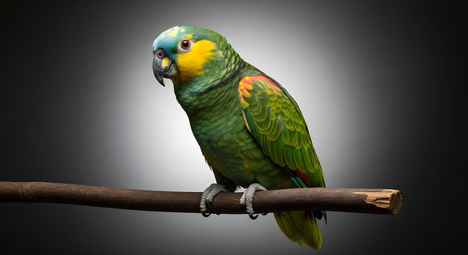 Vibrant green parrot with yellow and blue head perched on a branch, tropical bird, wildlife, nature, colorful plumage, detailed feathers, isolated on dark gradient background, studio shot