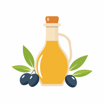 Olive oil bottle with olives and leaves