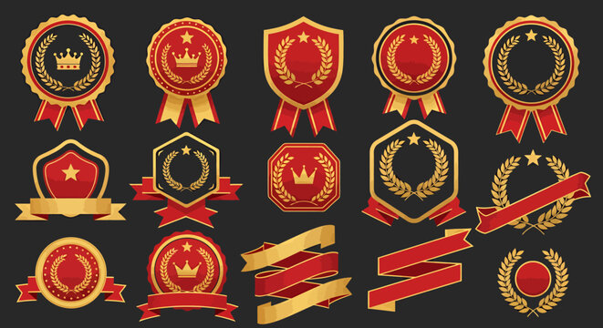 Collection of gold and red award ribbons and circular medals with laurel wreaths.