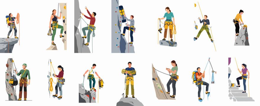 Collection of diverse rock climbers and mountaineers with professional equipment, engaged in various climbing activities and maneuvers on a white background.