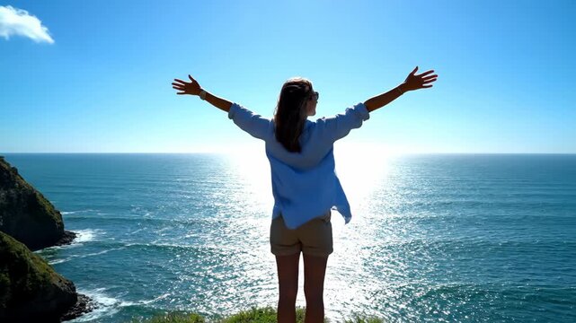 A woman stands on a cliffside with arms outstretched overlooking a vast ocean on a sunny day