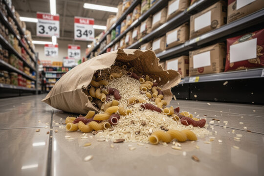 Bag of dry pasta and rice spilled on supermarket floor by filled aisle shelves