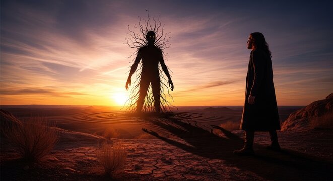 Lone man standing before supernatural shadow creature in desert sunset