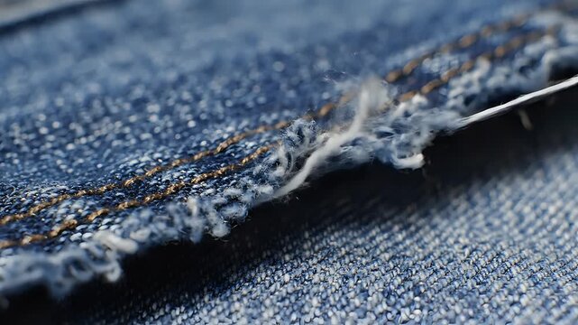 Closeup Macro Shot of Ripped Denim Fabric Texture with Loose Threads.