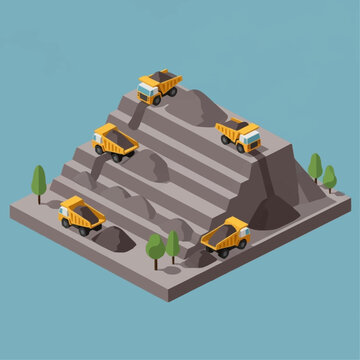 Isometric illustration of mining trucks on a quarry.